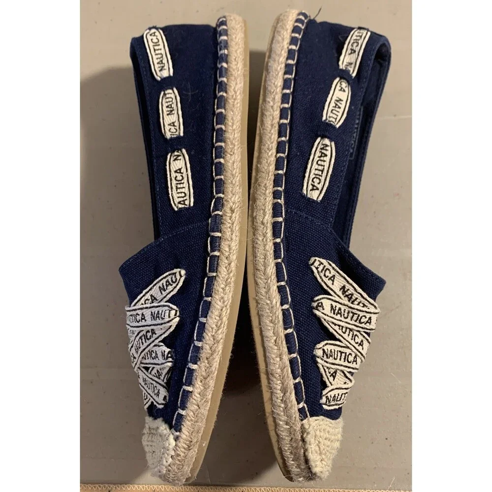 Nautica Shoes Womens 8 Navy White Nautical Canvas Flats Slip Ons Coastal Boat - Picture 4 of 7
